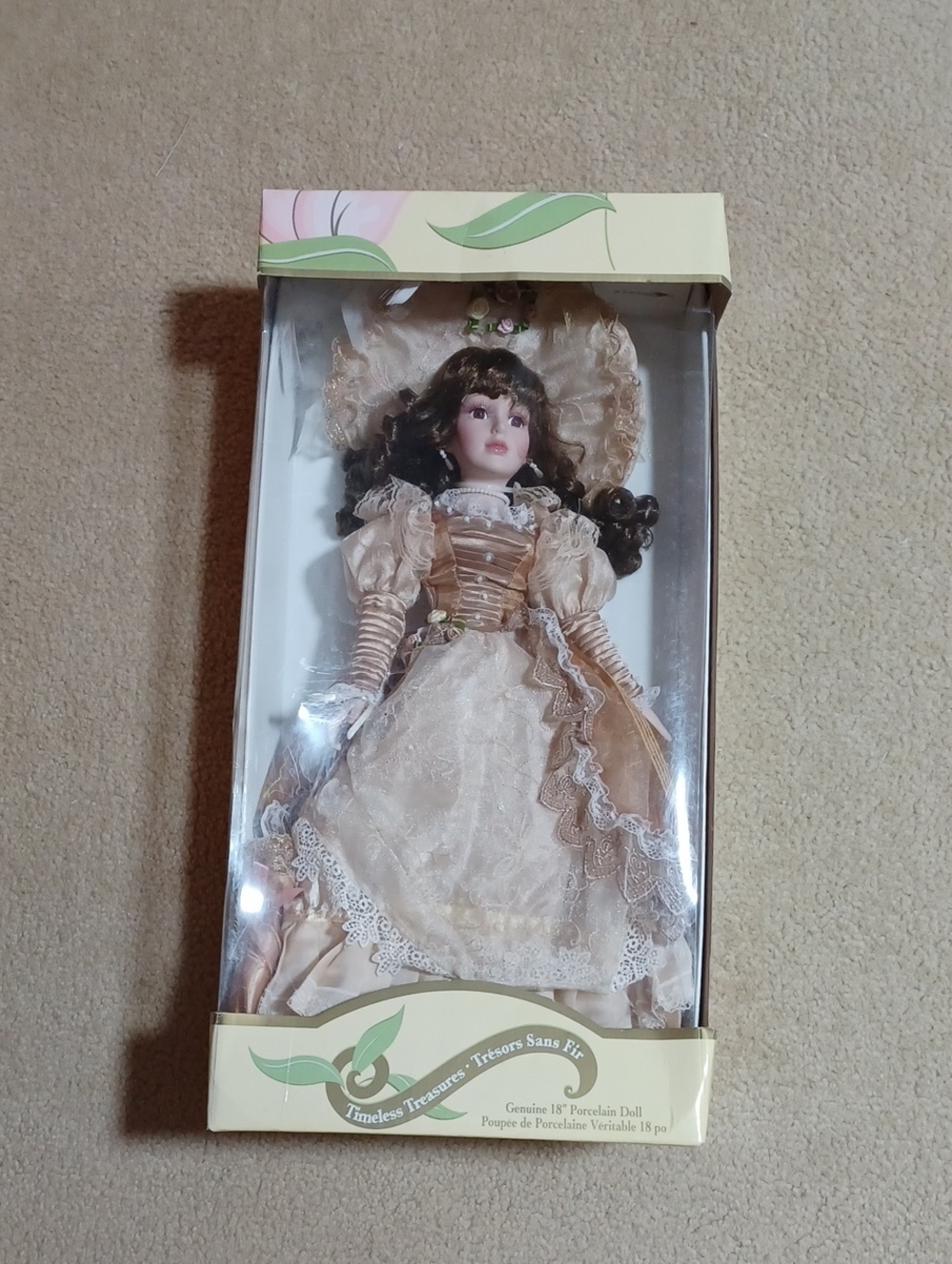 Vintage 18 " Porcelain Doll in Cream & Tan Dress - Still In Box